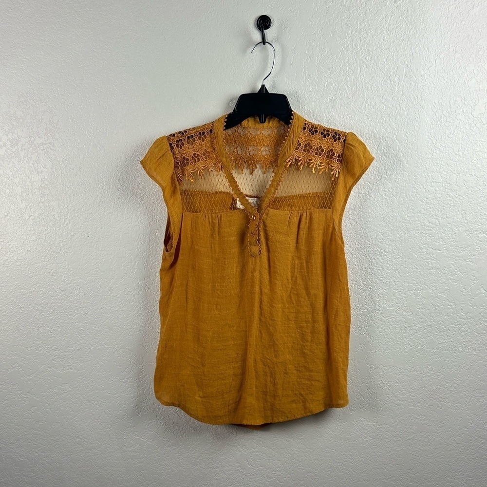 Womens Sweet Wander Gold Mustard Blouse Sz XL Lace Short Sleeve Feminine V Neck